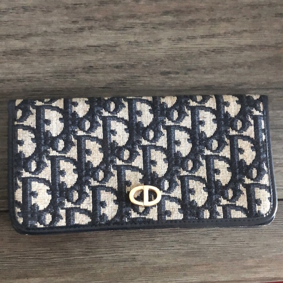 [Dior] Rare Authentic Trotter Long Canvas w/ Leather Navy Blue Signature Wallet - Picture 2 of 16